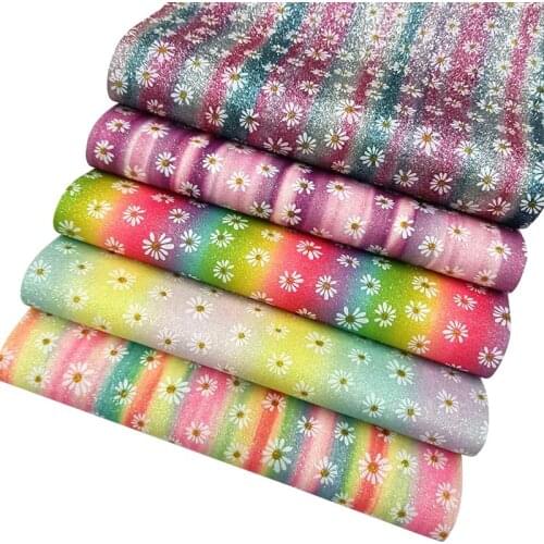 Daisy Flower Colorful Printed Rainbow Iridescent Fine Glitter Faux Leather Fabric Sheet for Shoe/Bag/Decoration/DIY Accessories