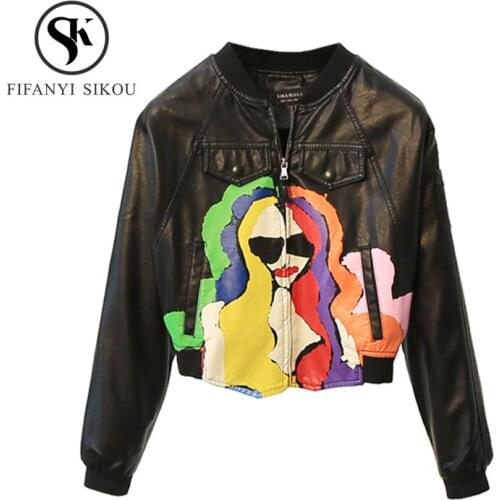 2019 Autumn New Short Faux Soft Leather Jacket Women Fashion Print Zipper Motorcycle PU Leather Jacket Ladies Basic Street Coat