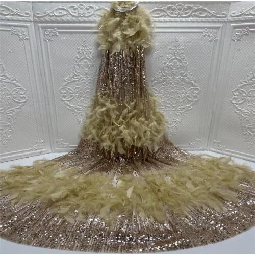 African Lace Fabric Gold High Quality Lace French Mesh Lace Fabric Embroidered With Feather Nigeria Lace Fabric