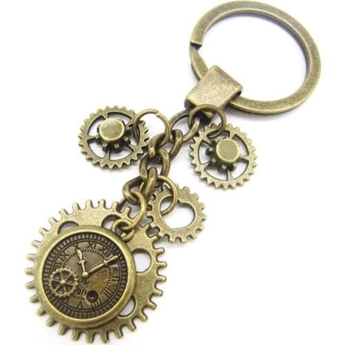Antique Bronze Mechanical Gears and Clock Look Drop Steampunk Keychain