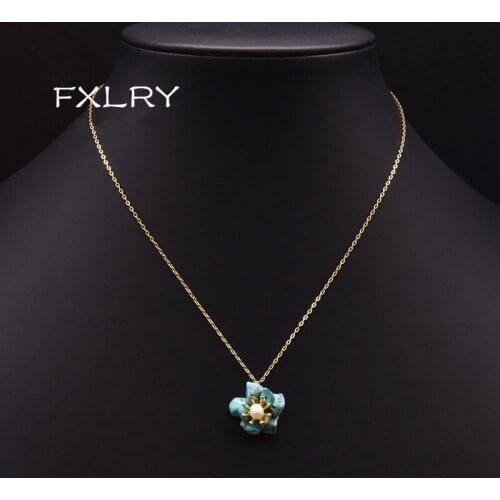 FXLRY Original Handmade Natural Freshwater Pearl Turquoise Pendant Clavicle Chain Necklace For Women Jewelry