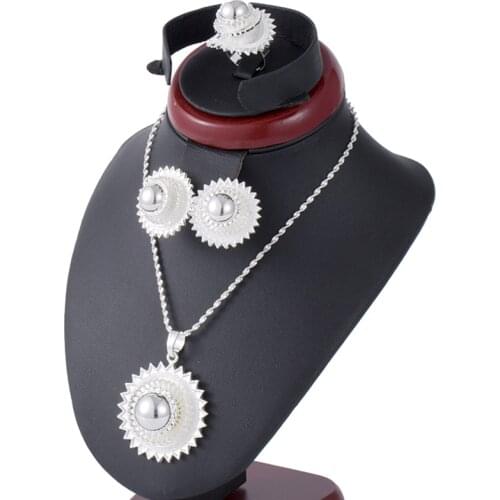 Ethiopian Silver Jewelry Sets For Women Ball Pendant Chain/Bangle/Earring/Ring Set Habesha African Wedding Bride Jewelry