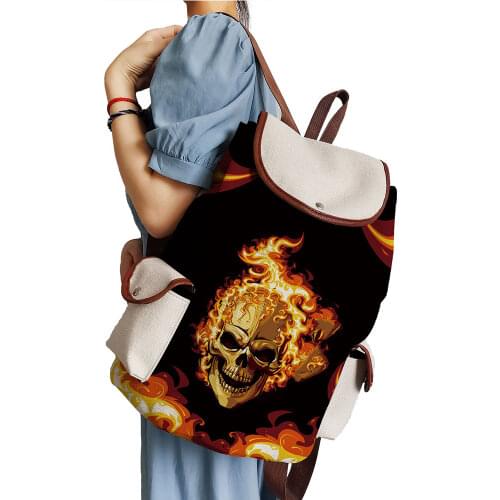 Cool Style Skull Printed Backpack Halloween Drawstring Bags College School Bagpack Personality Black Flame Book Bag Dropshipping