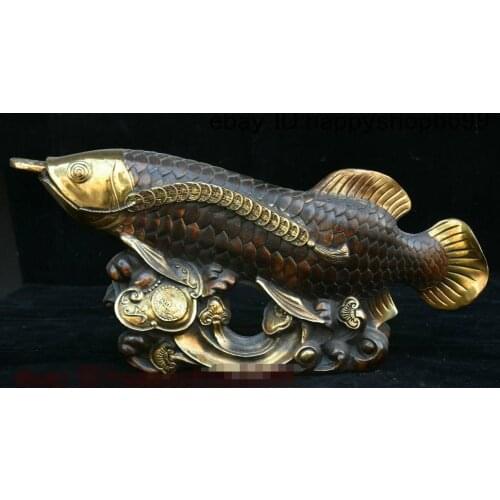 Collect Chinese Bronze Gilt Fengshui Animal Golden Dragon Fish Ruyi Coins Statue
