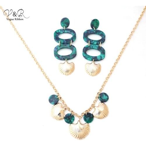 Gold Chain Acetate Plate Metallic Effect Stick Shell Necklace Earrings Set, Fashion Jewelry Set, Bridesmaid Gift, Girls Jewelry