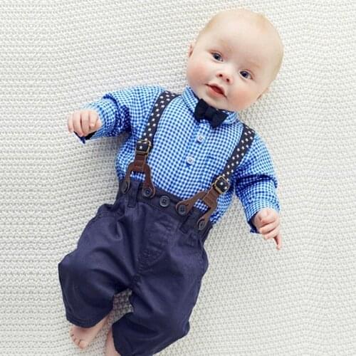Baby Boy Clothing Sets Fashion Bow Tie Gentleman Overalls Long Sleeve Plaid Shirt+Suspender Jeans Infant Boys Brand Clothes
