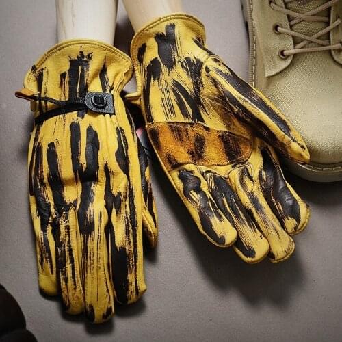 Motorcycle Biker Men Winter Sheepskin Genuine Leather Gloves Warm Full Leather Driving Guantes Mujer Retro Yellow Riding Mittens