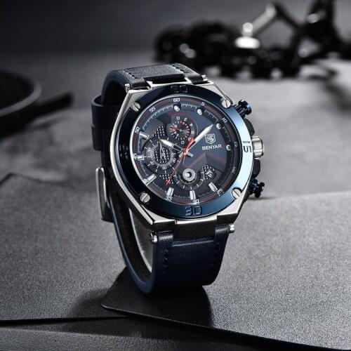 BENYAR-Mens Leather Strap Analog Watch New Chronograph Waterproof Quartz Watch Accessories Military Design Luxury Brand Mens