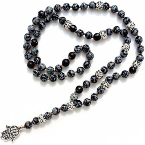 Fashion Long Lariat necklace with 8mm Natural stone beads and Hamsa Pendant Men Necklace for men Mala necklace Gift