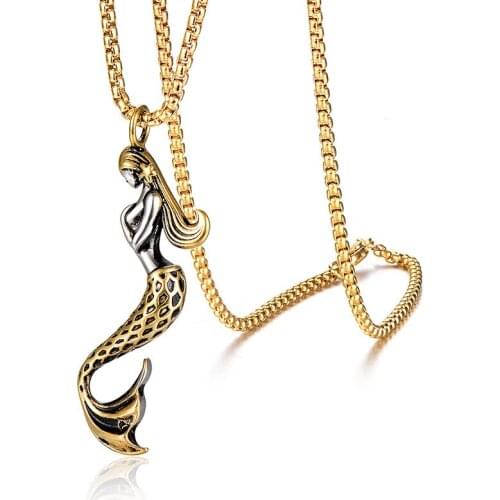 BOEYCJR Punk Titanium Mermaid Pendant Necklace Statement Chain Fashion Jewelry HipHot Necklace for Men or Women