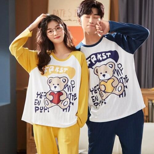2 Piece Couple Pajamas Set For Autumn Winter Long Sleeve Trouser Homewear Cotton Cartoon Bear Cute Women Yellow Splicing Pajamas
