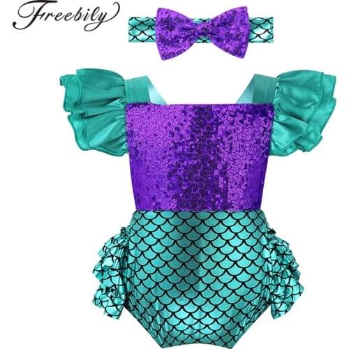Baby Girls Shiny Sequins Printed Romper with Headband Kids Toddlers Halloween Christmas Cosplay Party Mermaid Costume