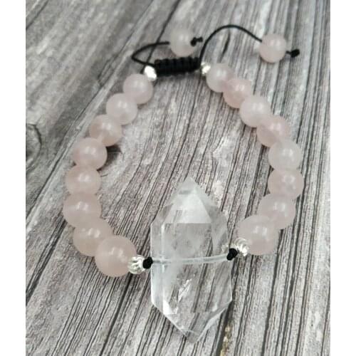 YA4043 Natural Quartz Point Fluorite Rose Pink Quartz Stone 10mm Beads Knot Cord Bracelet Adjustable