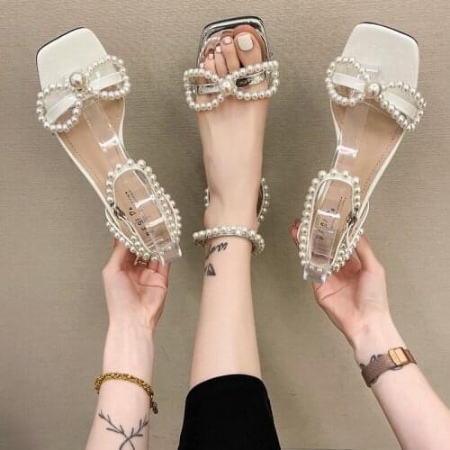 Female Sandal Black Shoes for Women Clear Heels 2021 Summer All-Match Buckle Strap Girls Beige Pearl Bow New Fashion Comfort