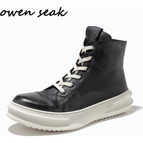 19ss Men Casual Boots Cow Leather High-TOP Ankle Luxury Handmade Trainers Spring Rock Zip Lace-up Flats Black Shoes Sneakers