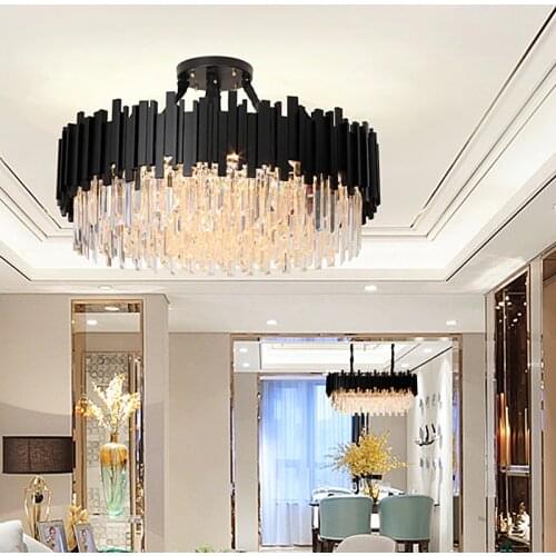 FSS Modern Black Crystal Chandelier Lighting For Living Room Kitchen Island Villa Retro Round Chandeliers Indoor LED Fixtures