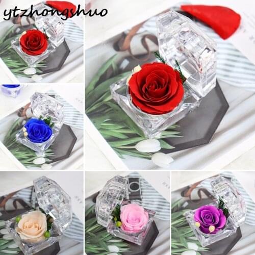 Eternal Rose Flower Ring Box Wedding Engagement Real Preserved Forever Rose Flower Case Gift For Love Jewelry Display Holder