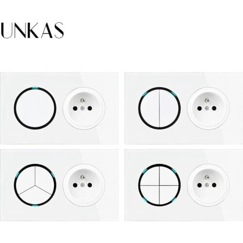 UNKAS 1 2 3 4 Gang 1 / 2 Way + French Standard Wall Socket On / Off Light Switch LED Indicator White Crystal Glass Panel 16A