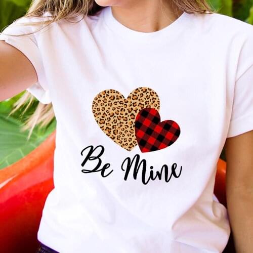 Be Mine Leopard Heart Printed 100%Cotton Womens T Shirt Valentines Day Casual O-Neck Pullover Short Sleeve Tops Gift For Her