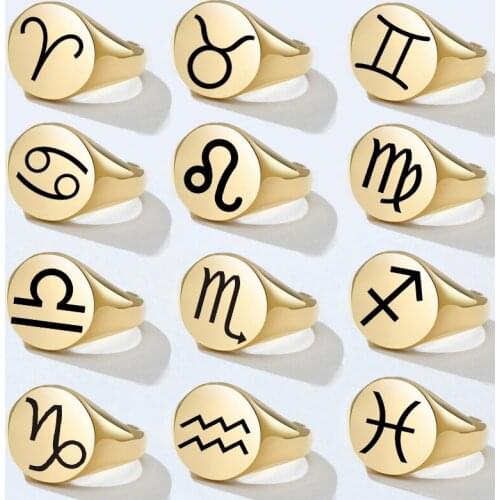 Women Signet Rings Stunning Round 12 Constellations Zodiac Sign Engraved Personalized Stainless Steel Jewelry Gift for Her Him
