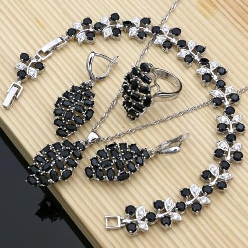 Women 925 Sterling Silver Costume Jewelry Sets Black Sapphire Earrings Fashion Jewelry for Her Party Bracelet Necklace Sets