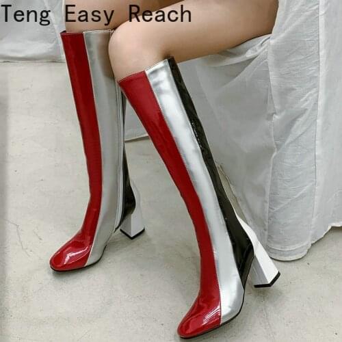 2021 Fashion Mixed Color Women Knee High Boots Square High Heel Ladies Stripe Boots Zipper Women Winter Boots Big Size 34-43