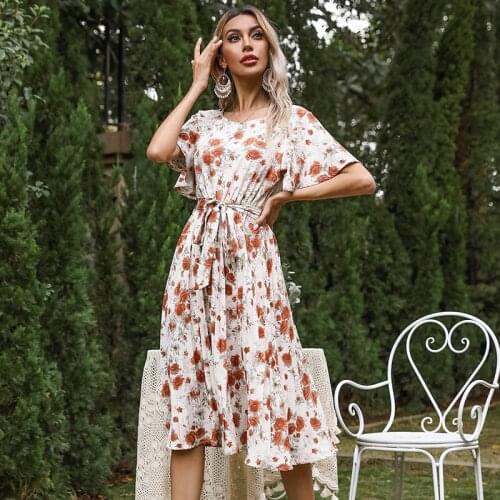 Summer Dresses 2021 Round Collar French Romantic Printing Dress Women Slim Lacing Long Womens Dress Vestidos De Mujer Casual