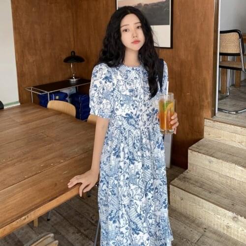 Vintage Floral Dress For Woman Korean Temperament Print Puff Short Sleeve Robe Femme Dress Summer Elegant One-Piece Ladies Dress