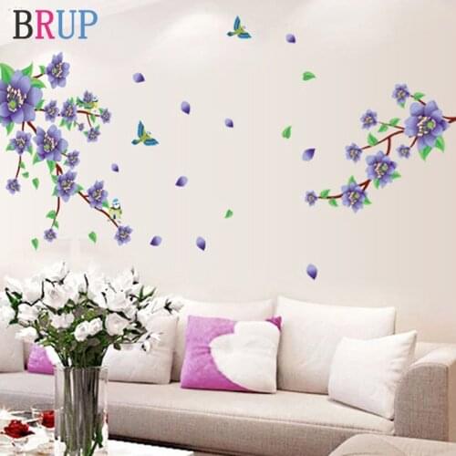 170*100cm Purple Flowers Wall Stickers Art Bird on The Tree Home Decor Creative Wallpaper Decorative Vinyls for Walls Removable