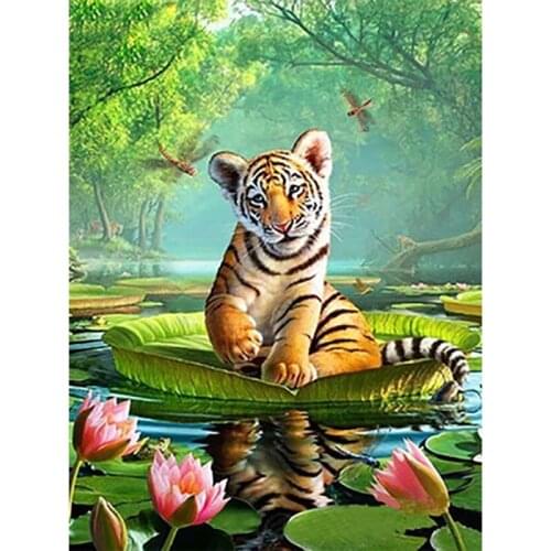 Little Tiger 5D DIY Diamond Painting Cross Stitch Full Square Drill Mosaic Lotus Animal Embroidery Art Wall Decor Gift Craft