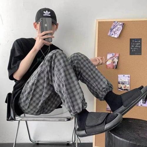 Summer Mens Retro Plaid Printing Casual Pants Fashion Loose Couple Trousers Nine Point Pants Elastic Waist Joggers Sweatpants