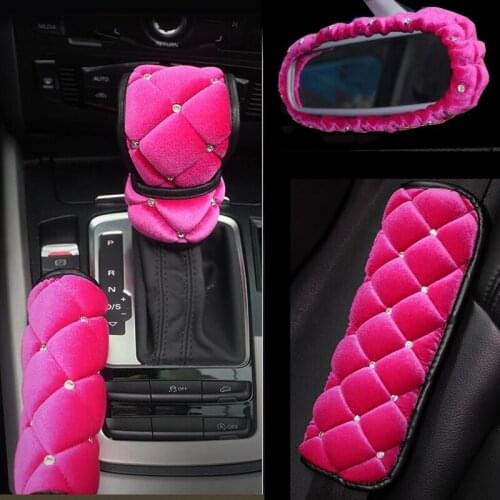 Rhinestone Plush Car Safe Seat Belt Cover Bubble Velvet Shoulder Pad Styling Crystal Auto Gear Shift Cover Interior Accessories
