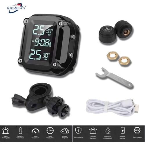 Motorcycle Motor Tire Pressure Tyre Temperature Monitoring Alarm System with 2 External Sensors USB Charging tire pressure gauge
