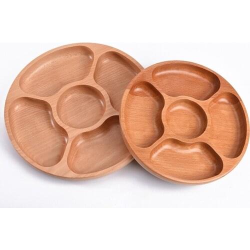 5 Lattices Round Wooden Snack Dish Family Fruit Dessert Plate Home Party Wood Servicing Tray W9265