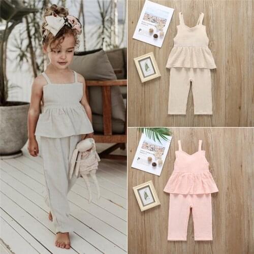 Summer Kids Baby Girl Jumpsuits Cotton Linen Ruffle Sleeveless Strap Vest Long Pants Solid Color Girl Clothing 1-6Years