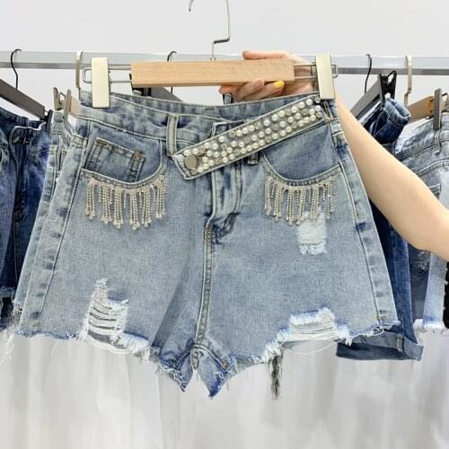 Summer New Fashion Womens Sequins Beaded Jeans Shorts Mid-waist All-match Lace Flower Fringed Stereo Hole Denim Shorts