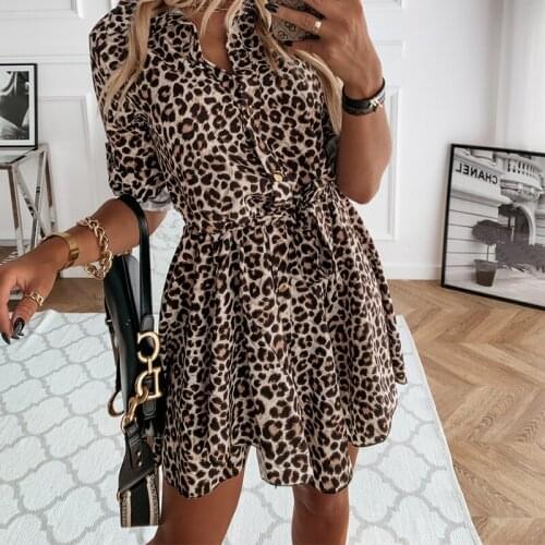 Summer Fashion Women Turn Down Collar Mini Dress Lapel Tops Shirt Ladies Long Sleeve Holiday Leopard Print Sexy Short Lace Up