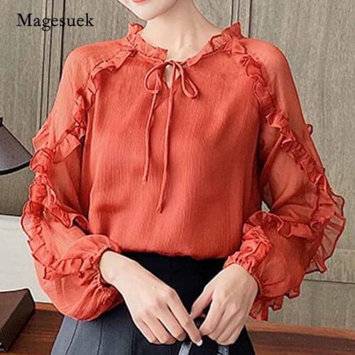 2020 New Autumn Elegant Womens Blouse Lace-up Solid Color Long Sleeve Tops Loose Sweet Thin Chiffon Women Shirt Blusas 10699