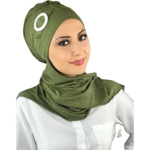 New Islamic Fashion Muslim Hijab Lady 2021 Trend Single Size Beanie Ready Shawl Scarf Buckle Green Horsehair Hijab Bathing Cap