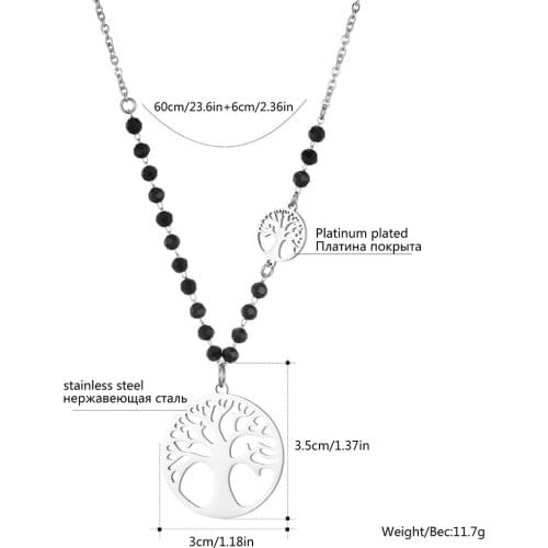 Stainless Steel Tree Of Life Pendant Necklace For Women Black Crystal Beads Long Necklace Party Wedding Fashion Jewelry Gifts