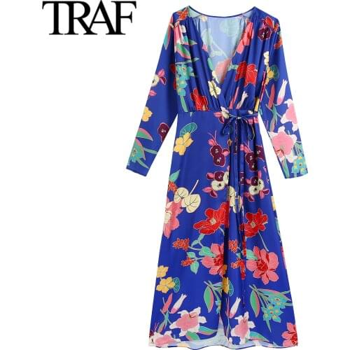 Traf Za Women Fashion Blue Dresses Bow Satin Dress French Fashion Flower Print Bandage Dress MIDI Dress Vestidos Mujer