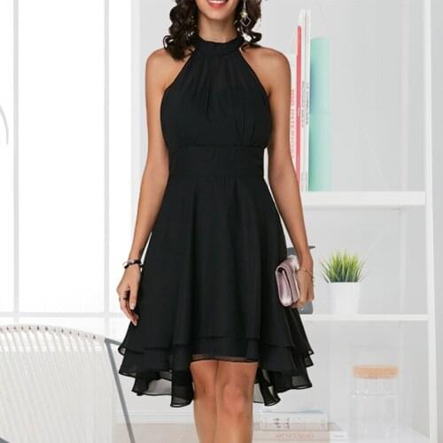 Summer Women Dress Elegant Cropped Layered High Waist Halter Sleeveless Midi Dress Solid Color Chiffon Party Slim Midi Dress