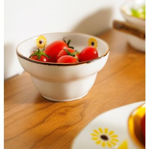 Ins Popular Japan Simple Style Ceramic 4.25 Inch Bowls 9inch Plates Floral Under Glazed Printed Salad Bowl Girls Cute Cutlery