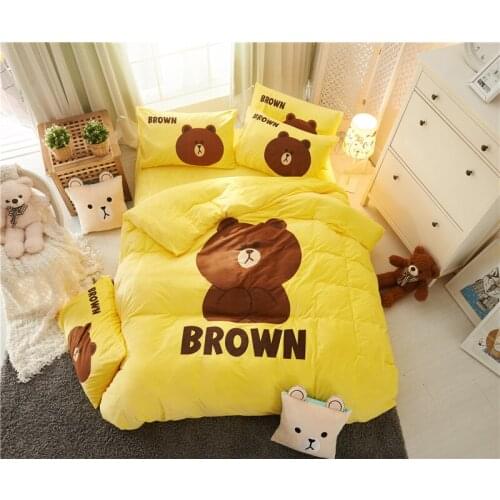Cartoon Fleece fabric Luxury Bedding Set bear Bed Set Twin Queen winter Bed Linens yellow Duvet Cover Bed Sheet