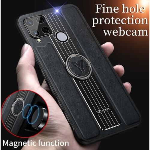 Luxury Leather Metal Srip Case For OPPO Realme C15 C12 C25 S V3 Zarzo 20 30A Shockproof Lens Protection Case Stand Phone Cover