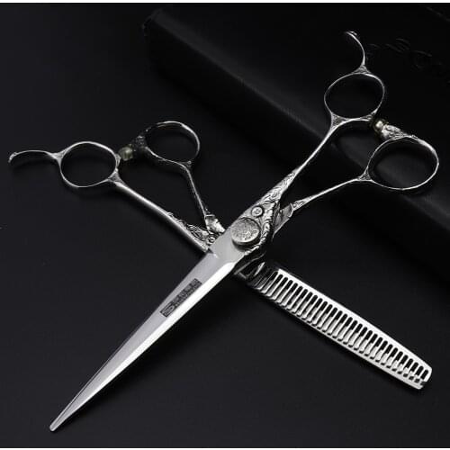 Silver 6-inch Japanese 440C steel hair scissors hairdressers professional hair cutting scissors and thinning scissors