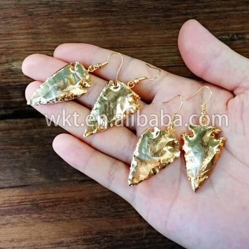 Wholesale 24K Full gold dipped electroplated stone arrowhead earrings, fashion gold trim natural stone dangling earring