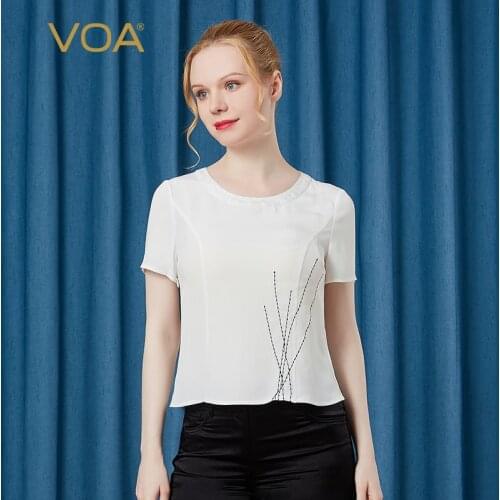VOA heavyweight silk 30 m/m Jacquard round neck short sleeve green grass embroidery crisp old literary white T-shirt BE11 Summer