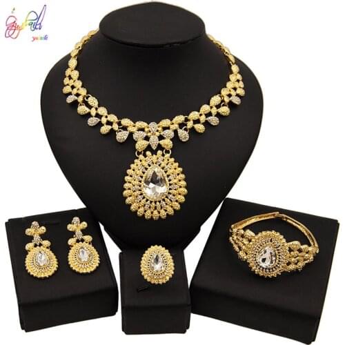 Yulaili New African Jewelry Sets Gold Color Trendy Necklace Earrings Bracelet Ring for Women Wedding Accessories