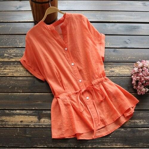 Cotton 100% Women Shirts Summer Vintage 2021 O-Neck V-Neck Slim Bandage Slim Elegant Female Outwear Tops